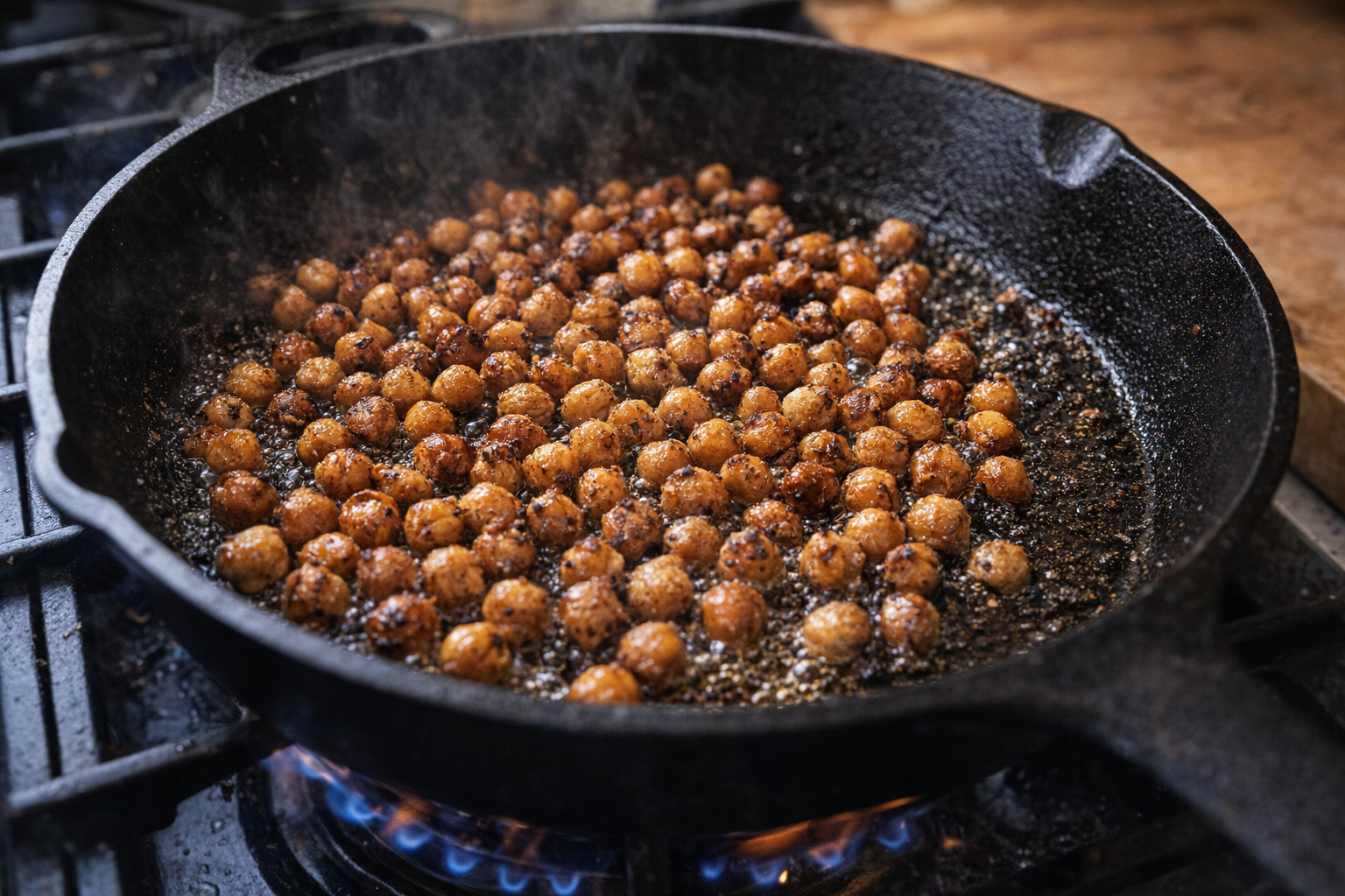 An overhead shot of chickpeas roasting in a cast iron skillet on a gas stovetop, with visible browning and sizzling.